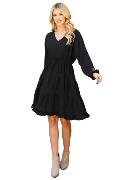 Woven Puff Sleeve V Neck Elastic Waist Tiered Dress Black - Pack of 6