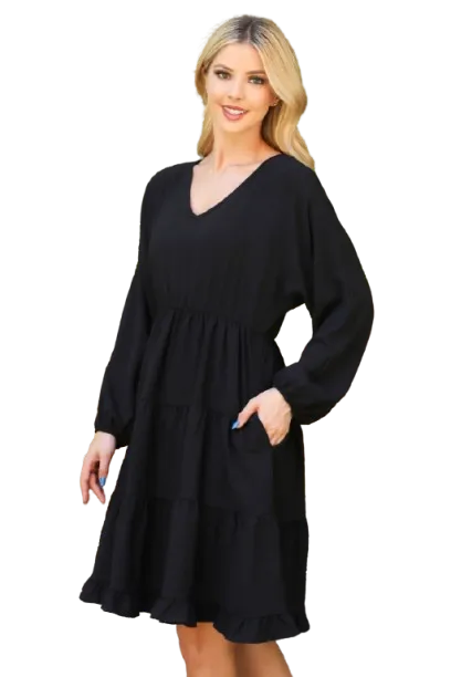 Woven Puff Sleeve V Neck Elastic Waist Tiered Dress Black - Pack of 6