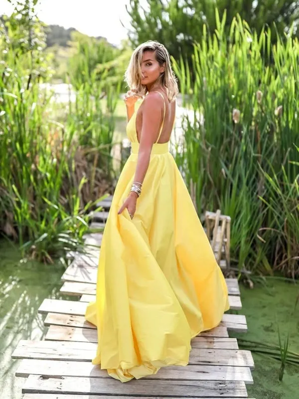 Yellow A Line V Neck Backless Satin Long Prom, Yellow V Neck Graduation, Yellow Long Evening