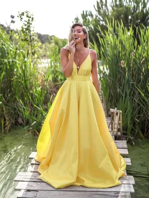 Yellow A Line V Neck Backless Satin Long Prom, Yellow V Neck Graduation, Yellow Long Evening