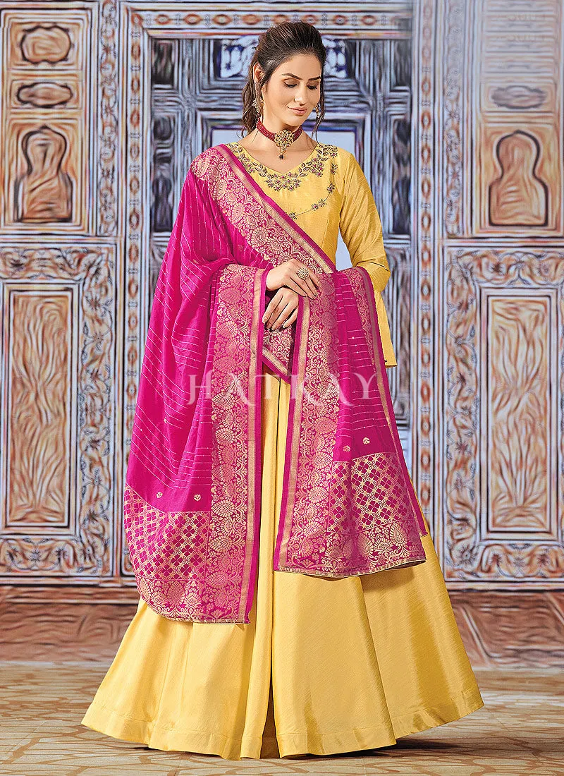 Yellow And Pink Embroidered Silk Anarkali Suit