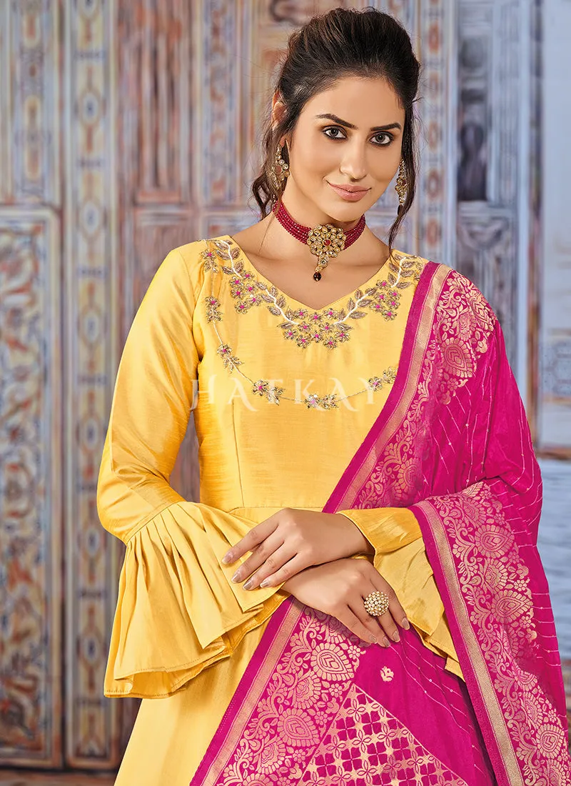 Yellow And Pink Embroidered Silk Anarkali Suit